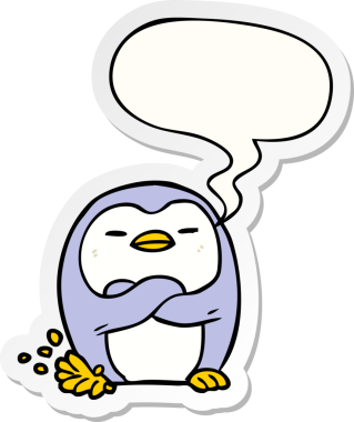 Bir insan tarafından çizilmiş baloncuk çıkartmalı penguen çizimi.