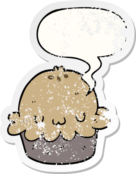 Konuşma baloncuğu olan şirin bir çizgi film pastası bir insan tarafından çizilmiş sıkıntılı eski bir çıkartma.