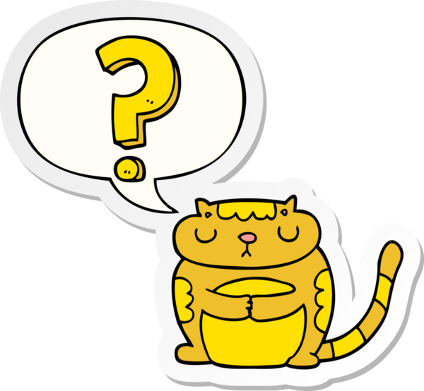 Bir insan tarafından çizilmiş konuşma balonu çıkartmalı soru işareti olan çizgi film kedisi.