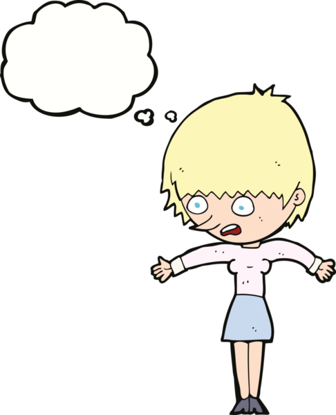 Bir insan tarafından çizilen düşünce baloncuğuyla panikleyen çizgi film kadını.