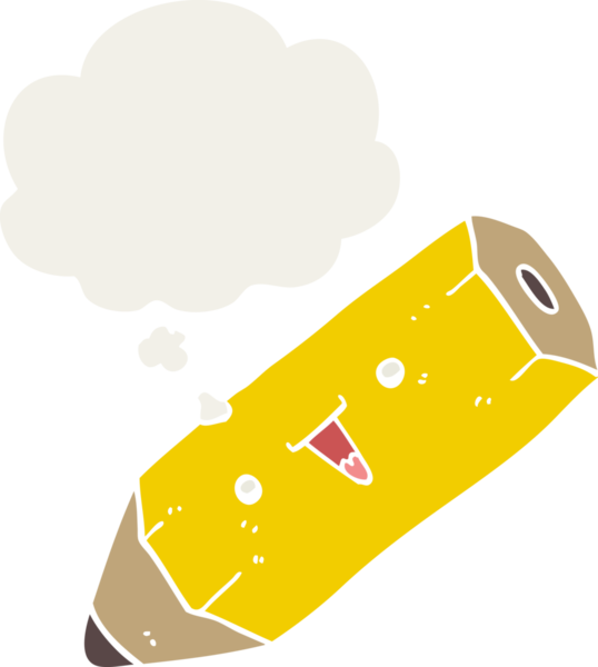 Düşünce baloncuğu olan sevimli bir çizgi film kalemi insan tarafından çizilmiş.