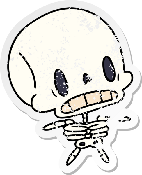 Kederli çıkartma çizimi, kawaii bir insan tarafından çizilmiş sevimli ölü iskelet.