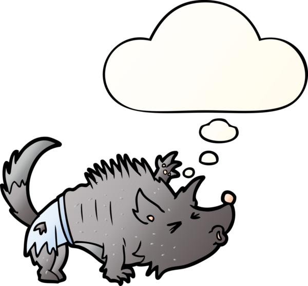 Bir insan tarafından çizilmiş, düşünce baloncuklu çizgi film kurtadamı.