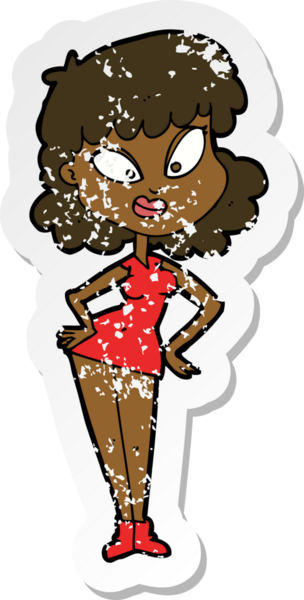 Bir insan tarafından çizilmiş kalçasında elleri olan bir karikatür kadının gerilmiş çıkartması.