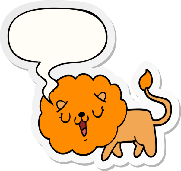 Bir insan tarafından çizilmiş konuşma kabarcığı çıkartmalı şirin çizgi film aslanı.