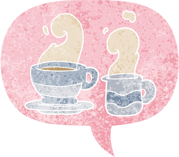 Bir insan tarafından çizilmiş grunge dertli retro desenli konuşma baloncuklu bir fincan kahve.