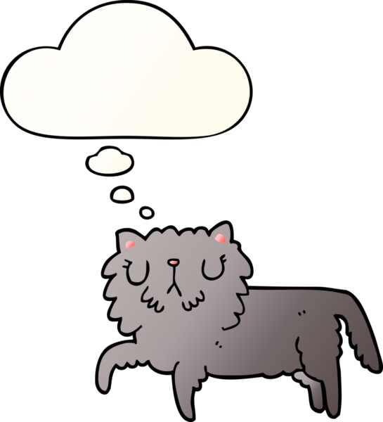 Bir insan tarafından çizilmiş yumuşak eğimli düşünce baloncuklu çizgi film kedisi.