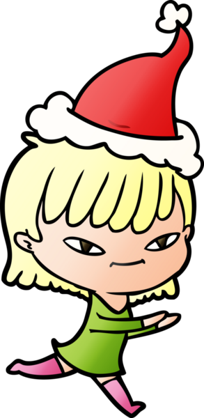 Bir insan tarafından çizilmiş Noel Baba şapkası giymiş bir kadının el çizimi karikatürü.