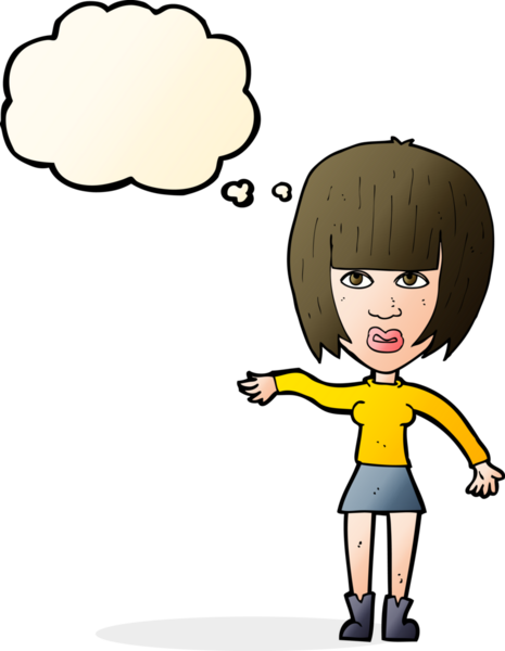 Bir insan tarafından çizilmiş düşünce baloncuğuyla el sallayan çizgi film kadını.