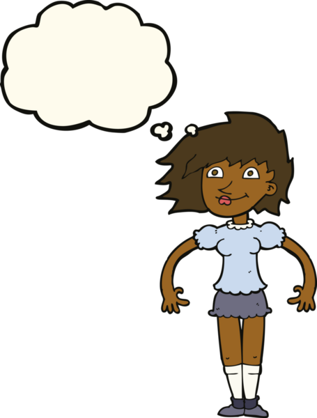 Bir insan tarafından çizilmiş düşünce balonlu mutlu kadın çizgi filmi.