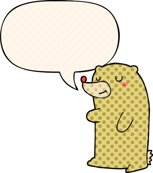 Bir insan tarafından çizilmiş çizgi roman tarzında konuşma balonu olan sevimli çizgi film ayısı.