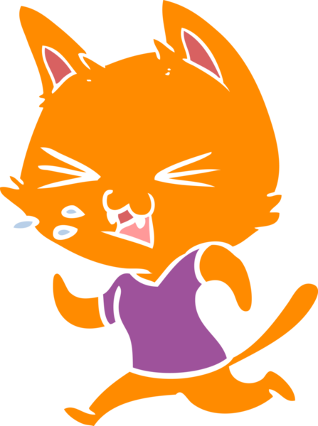 Düz renkli çizgi film koşan kedi tıslaması bir insan tarafından çizilmiş.