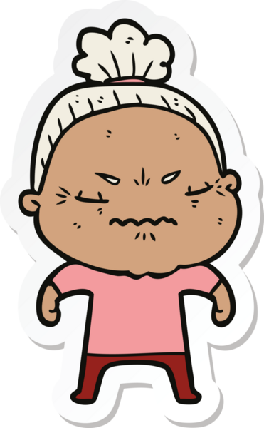 Çizgi film çıkartması. Bir insan tarafından çizilmiş yaşlı bir kadın.