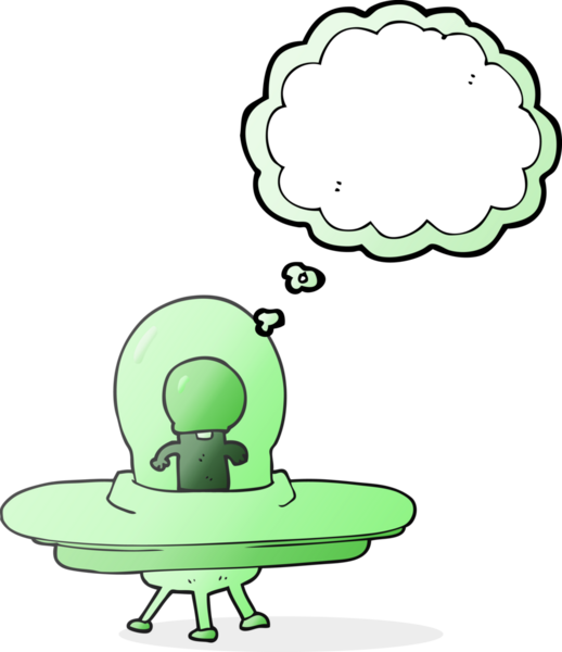 Serbest çizim düşünce baloncuğu çizgi film uzaylısı bir insan tarafından çizilmiş bir uçan daire.