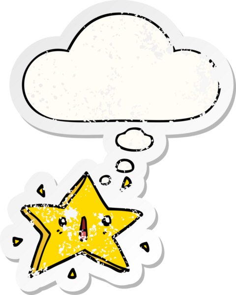 Düşünce baloncuğu olan sevimli bir çizgi film yıldızı bir insan tarafından çizilmiş yıpranmış bir çıkartma gibi.