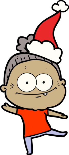 Bir insan tarafından çizilmiş Noel Baba şapkası giyen mutlu yaşlı bir kadının el çizimi.