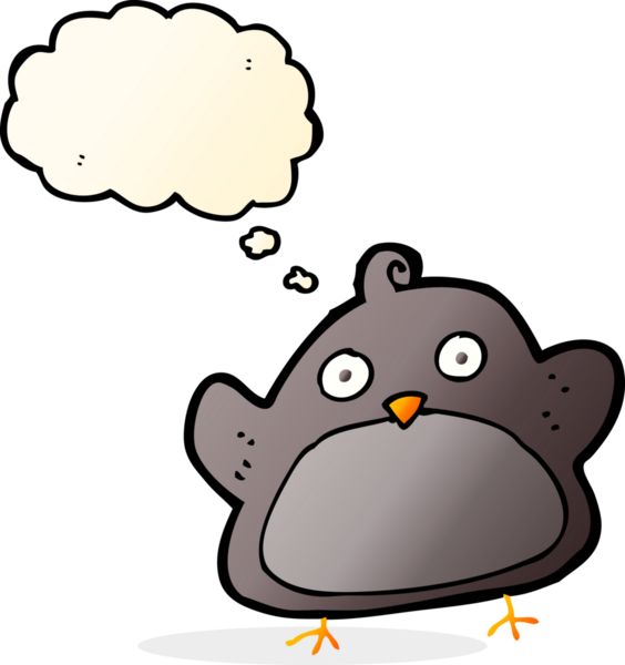 Bir insan tarafından çizilmiş düşünce baloncuklu çizgi film kuşu.