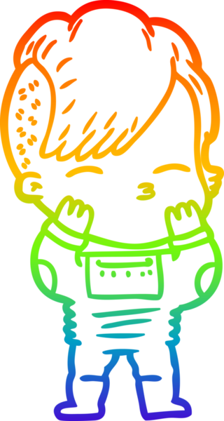 Gökkuşağı gradyan çizgi çizimi. Bir insan tarafından çizilmiş fütürist kıyafetler giyen bir kız çizimi.