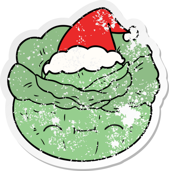 Bir insan tarafından çizilmiş Noel Baba şapkası takan bir lahana çizgi filmi.