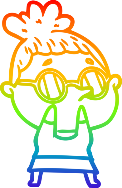 Gökkuşağı gradyan çizgi çizimi bir insan tarafından çizilmiş gözlük takan bir kadın.