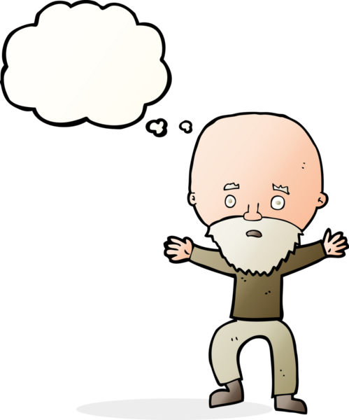 Bir insan tarafından çizilmiş düşünce baloncuğuyla panikleyen yaşlı bir adam.