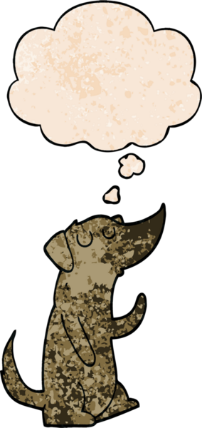 Bir insan tarafından çizilmiş grunge desenli düşünce baloncuğu olan çizgi film köpeği.