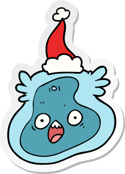 Bir insan tarafından çizilmiş Noel Baba şapkası giyen bir mikropun el çizimi karikatürü.