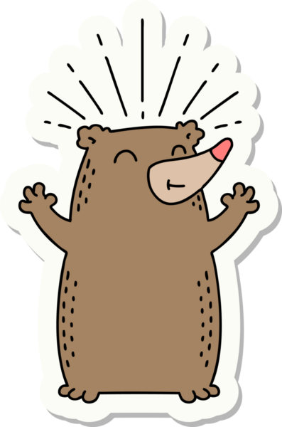 Bir insan tarafından çizilmiş dövme stili mutlu ayı çıkartması.