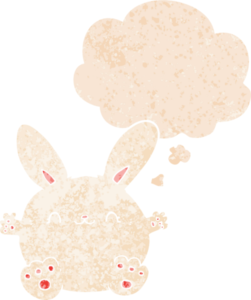 Homurdanan düşünce baloncuğu olan sevimli çizgi film tavşanı bir insan tarafından çizilmiş dertli retro tarzı.