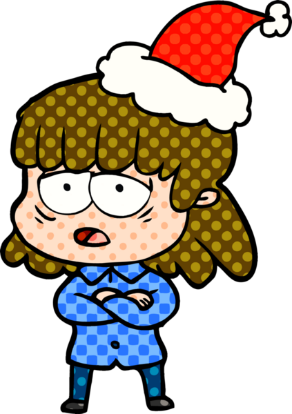 Bir insan tarafından çizilmiş Noel Baba şapkası giyen yorgun bir kadının el çizimi çizgi roman tarzı çizimi.