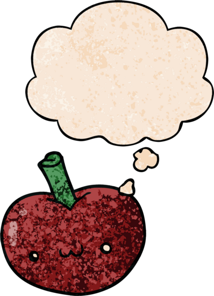 bir insan tarafından çizilmiş grunge desenli düşünce baloncuklu çizgi film elması