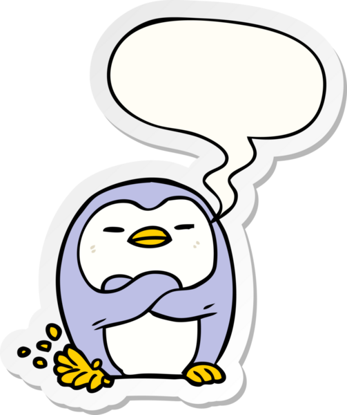 Bir insan tarafından çizilmiş baloncuk çıkartmalı penguen çizimi.