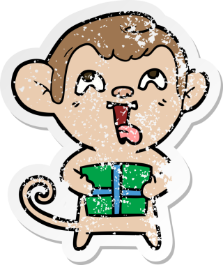 Bir insan tarafından çizilmiş Noel hediyeli çılgın bir çizgi film maymunu çıkartması.