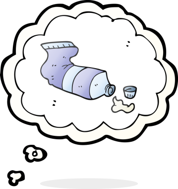 Serbest çizim düşünce balonu çizgi filmi bir insan tarafından çizilmiş sıkılmış diş macunu tüpü.