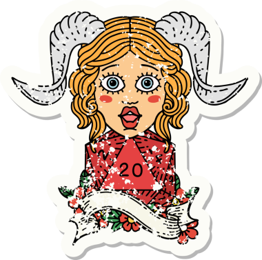 Bir insan tarafından çizilmiş doğal yirmilik zarla süslenmiş grunge çıkartması.