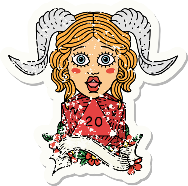 Bir insan tarafından çizilmiş doğal yirmilik zarla süslenmiş grunge çıkartması.