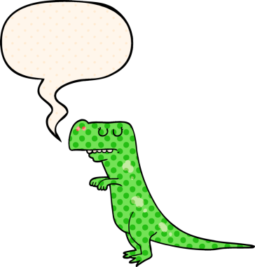 Bir insan tarafından çizilmiş çizgi roman tarzında konuşma balonu olan bir dinozor.