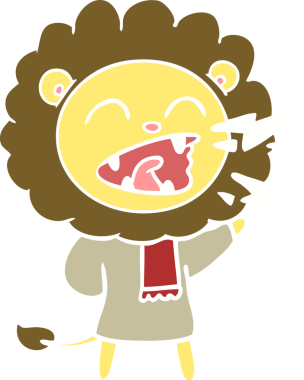 Düz renkli karikatür kükreyen aslan bir insan tarafından çizilmiş.