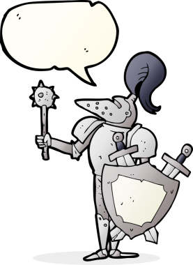 Serbest konuşma balonu karikatürü Ortaçağ şövalyesi bir insan tarafından çizilmiş kalkanla