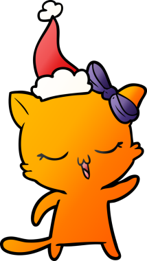 Bir insan tarafından çizilmiş Noel Baba şapkası takan bir kedinin el çizimi çizgi filmi.