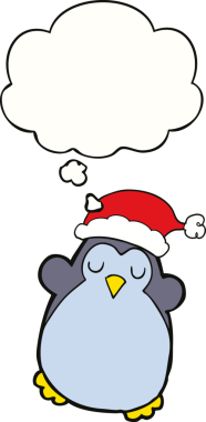 Bir insan tarafından çizilmiş düşünce baloncuğu olan sevimli bir Noel pengueni.