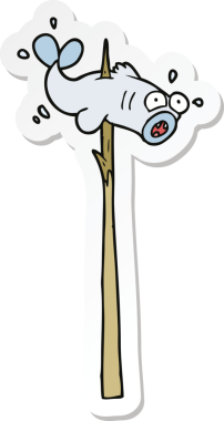 Bir insan tarafından çizilmiş mızraklı balık karikatürü.