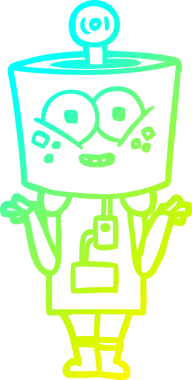 Bir insan tarafından çizilen omuz silken mutlu çizgi film robotunun soğuk gradyan çizgisi