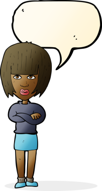 Bir insan tarafından çizilmiş konuşma baloncuğuyla rahatsız bir kadın.