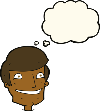 Bir insan tarafından çizilmiş düşünce baloncuğu ile sırıtan çizgi film adamı.