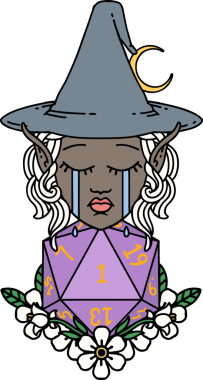 Retro Dövme Tarzı Ağlayan Elf Cadı Doğal bir D20 rulo ile Bir insan tarafından çizilmiş