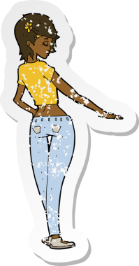 Bir insan tarafından çizilmiş kot pantolonlu ve tişörtlü güzel bir karikatür çıkartması.