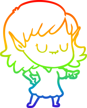 Gökkuşağı gradyan çizgisi mutlu çizgi film kızı bir insan tarafından çizilmiş elbise giyiyor.