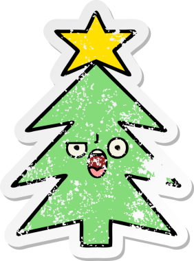 Bir insan tarafından çizilmiş şirin bir karikatür Noel ağacının sıkıntılı çıkartması.