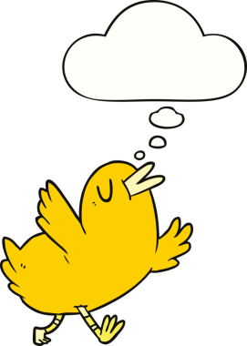 Bir insan tarafından çizilmiş düşünce baloncuklu mutlu kuş.